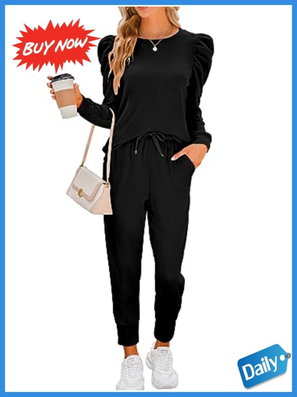 Womens 2 Piece Sweatsuit Set Puff Sleeve Pullover Jogger Pants Lounge Set